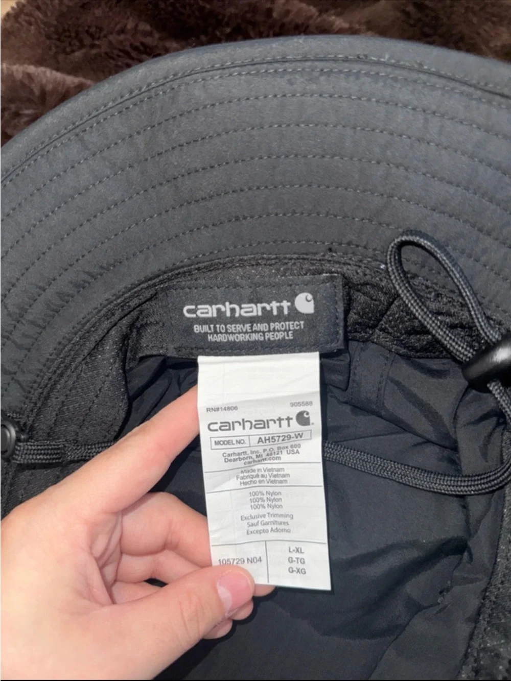 Carhartt Black Bucket Hat with Logo Patch and Chin Cord